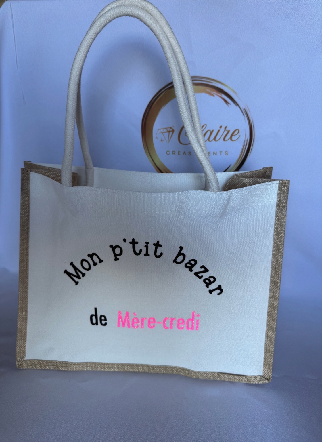 Sac Cabas toile de jute « Mon petit bazar de Mère-credi »