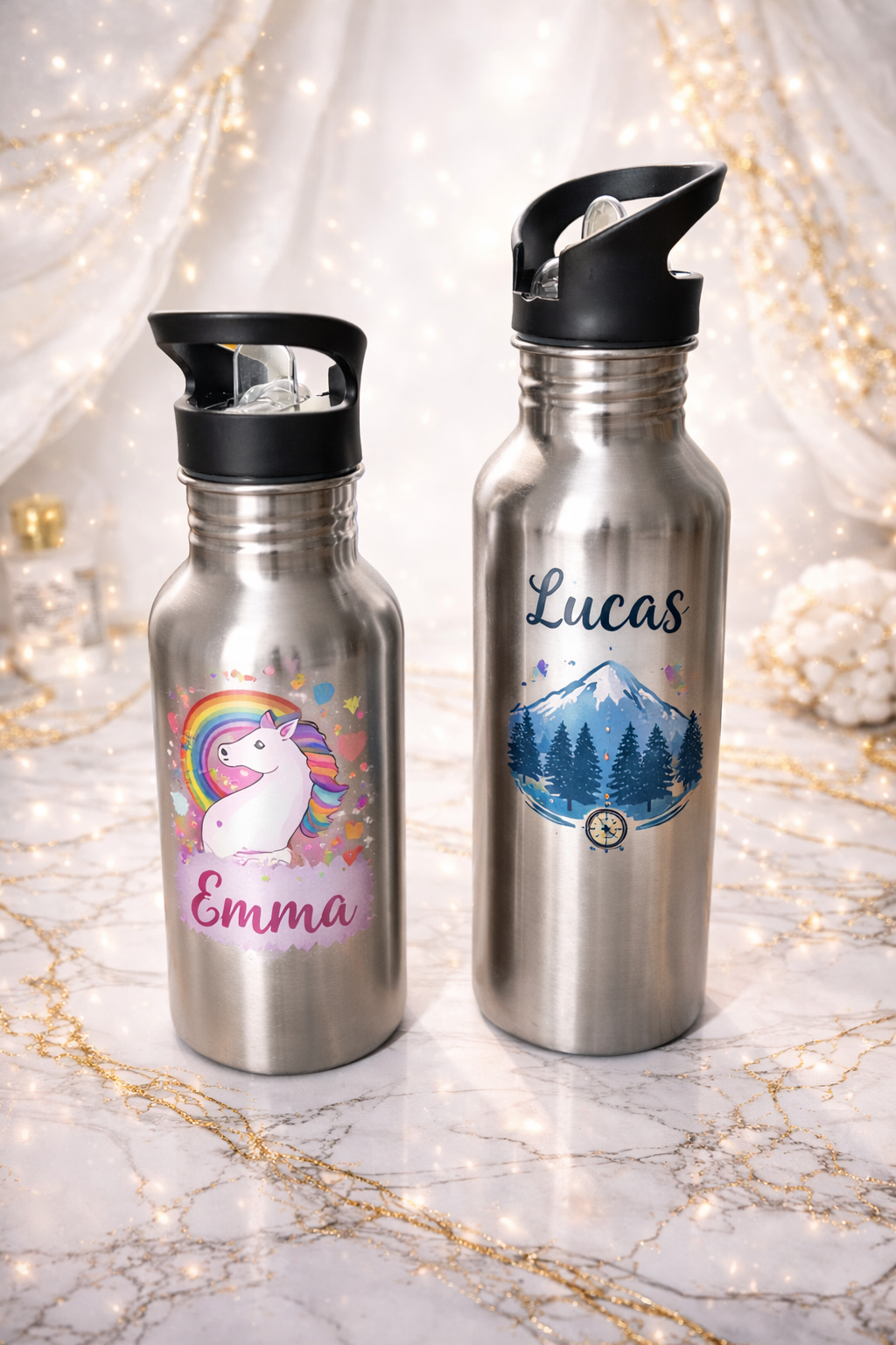 Gourde personnalisable grise pailletée 500 ml avec paille