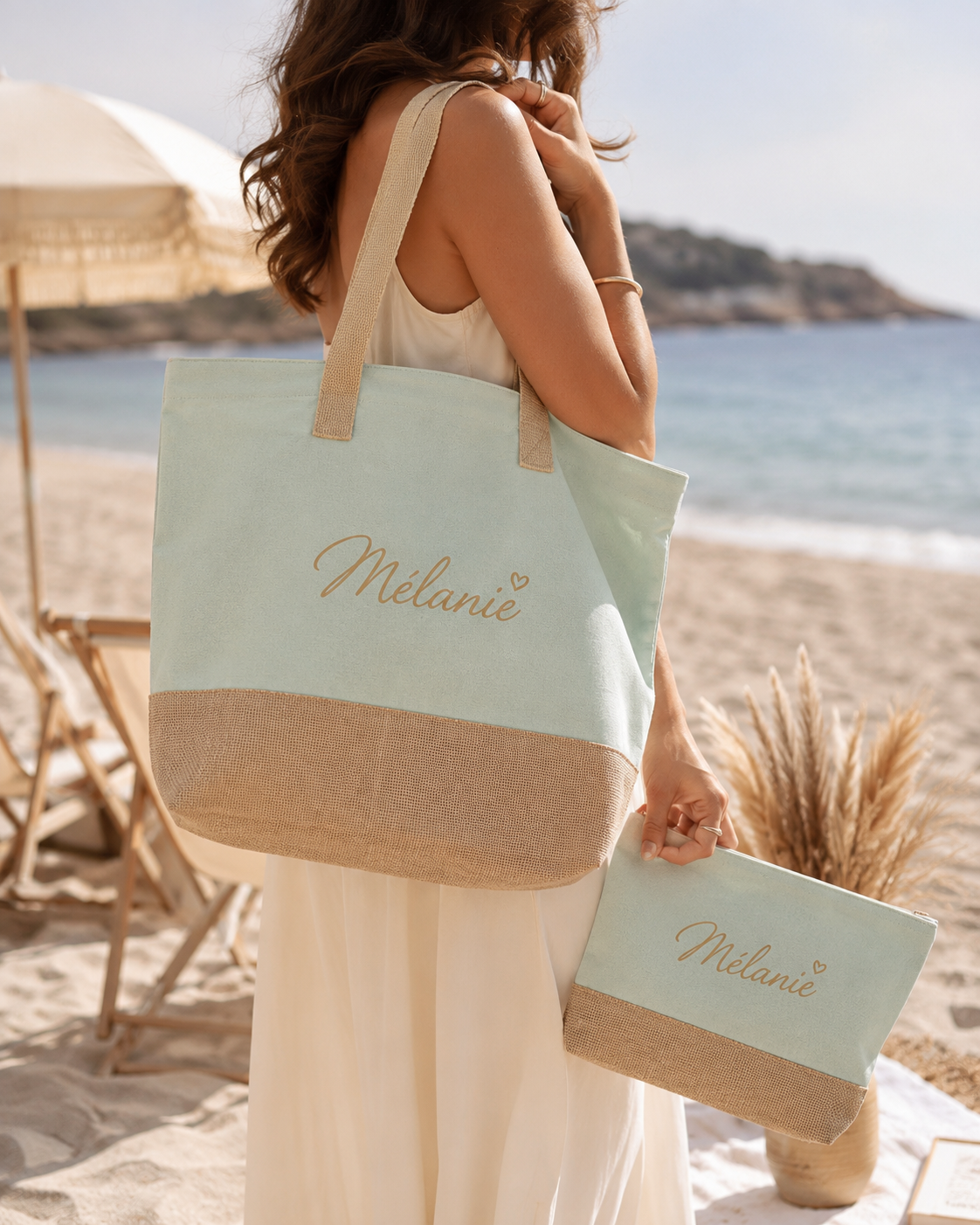 Sac cabas personnalisé avec pochette assortie — Grand sac de plage femme en coton et jute – Image 2