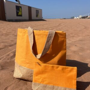 Sac cabas personnalisé avec pochette assortie — Grand sac de plage femme en coton et jute - Jaune