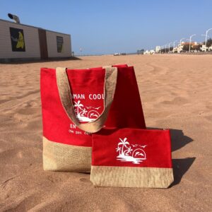 Sac cabas en coton femme avec pochette assortie – “Moments & Vacances” – Grand sac plage et shopping personnalisé