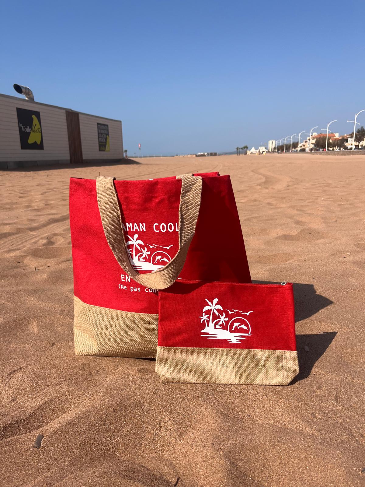 Sac cabas en coton femme avec pochette assortie – “Moments & Vacances” – Grand sac plage et shopping personnalisé
