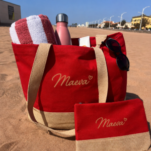 Sac cabas personnalisé avec pochette assortie — Grand sac de plage femme en coton et jute