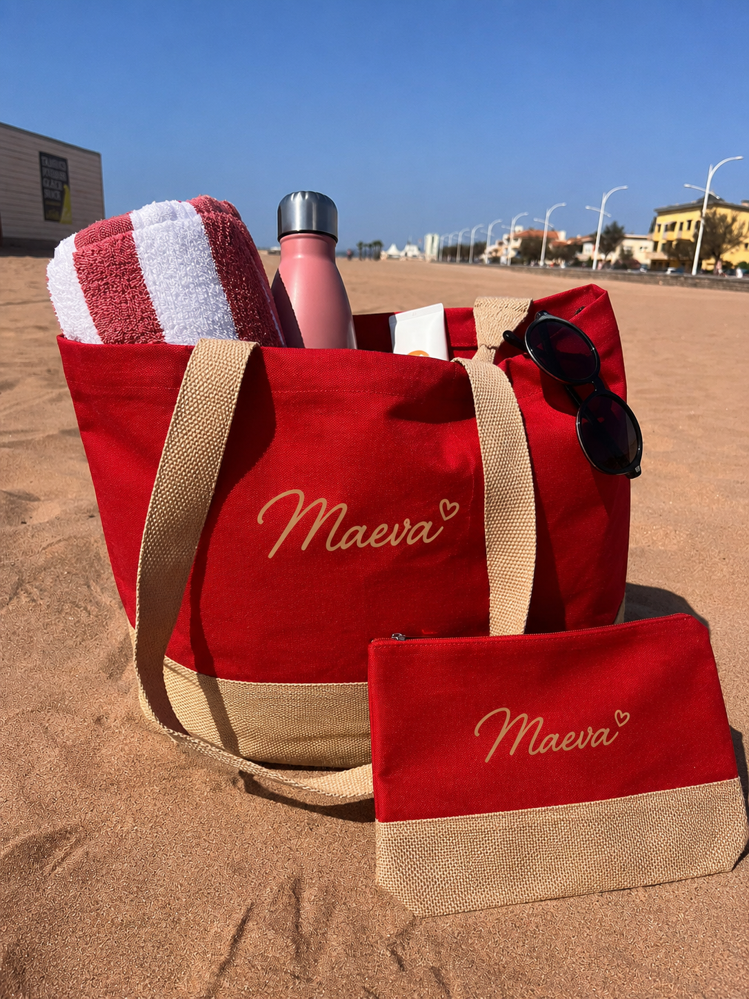 Sac cabas personnalisé avec pochette assortie — Grand sac de plage femme en coton et jute