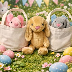 Sac de Pâques avec oreilles de lapin personnalisé + peluche lapin – Sac enfant pour chasse aux œufs