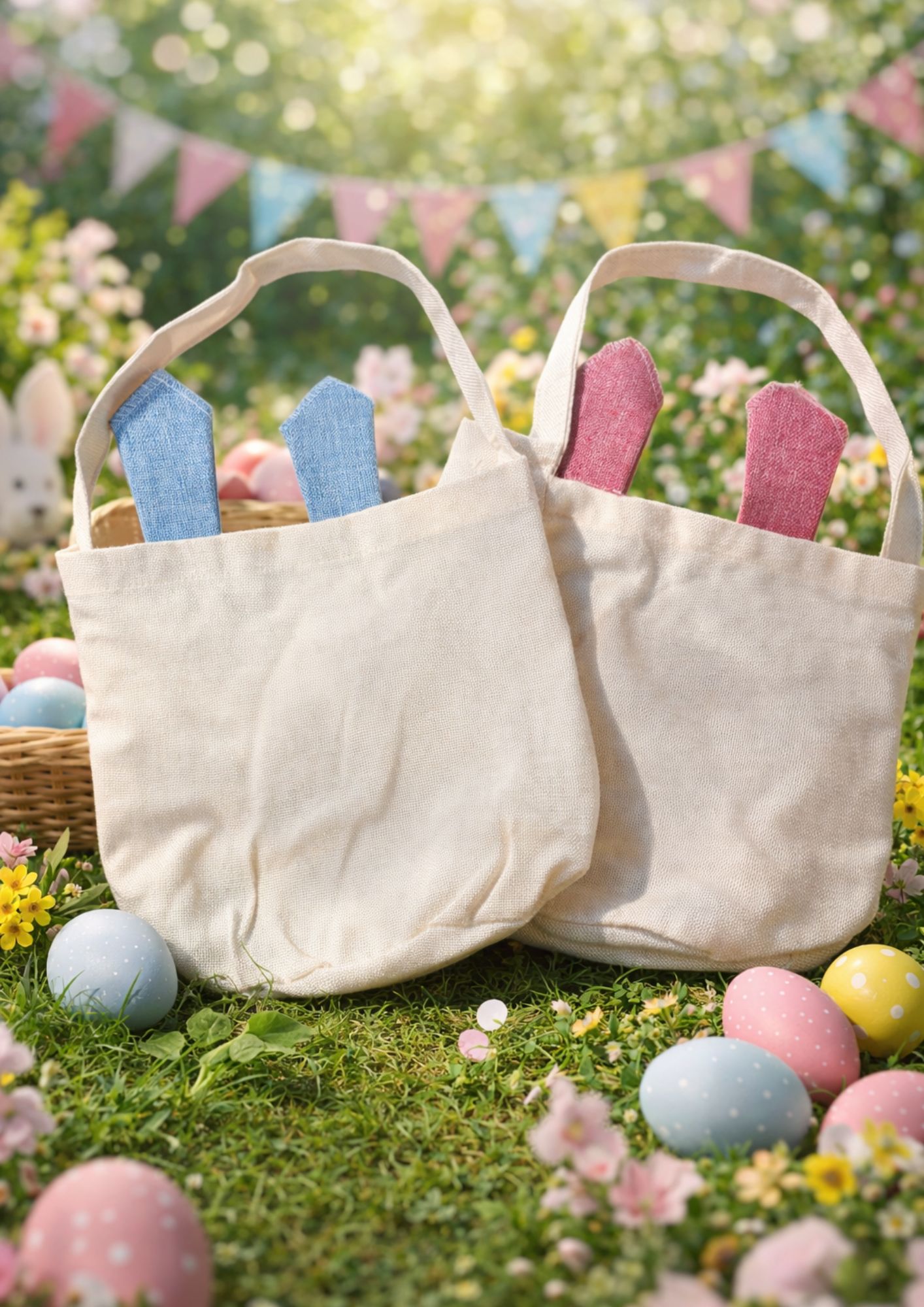 Sac de Pâques avec oreilles de lapin personnalisé + peluche lapin – Sac enfant pour chasse aux œufs