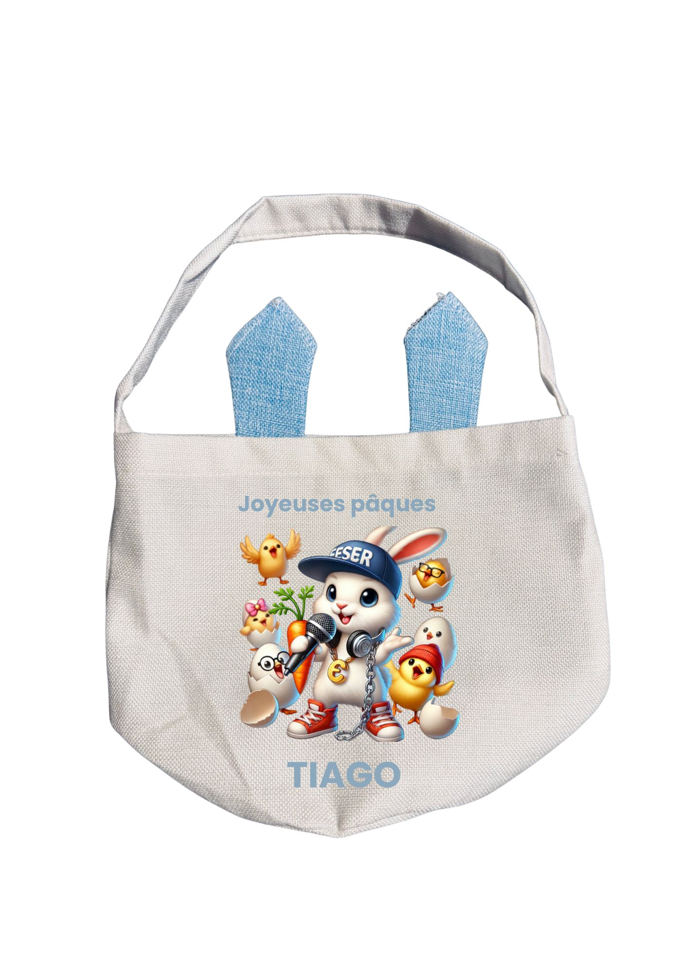 Sac de Pâques avec oreilles de lapin personnalisé + peluche lapin – Sac enfant pour chasse aux œufs – Image 10