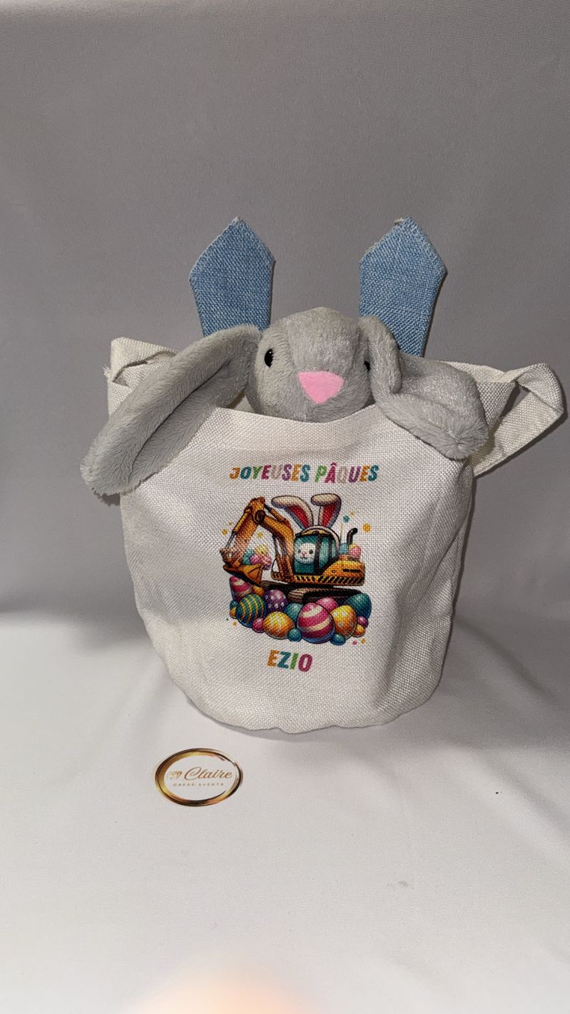 Sac de Pâques avec oreilles de lapin personnalisé + peluche lapin – Sac enfant pour chasse aux œufs – Image 6