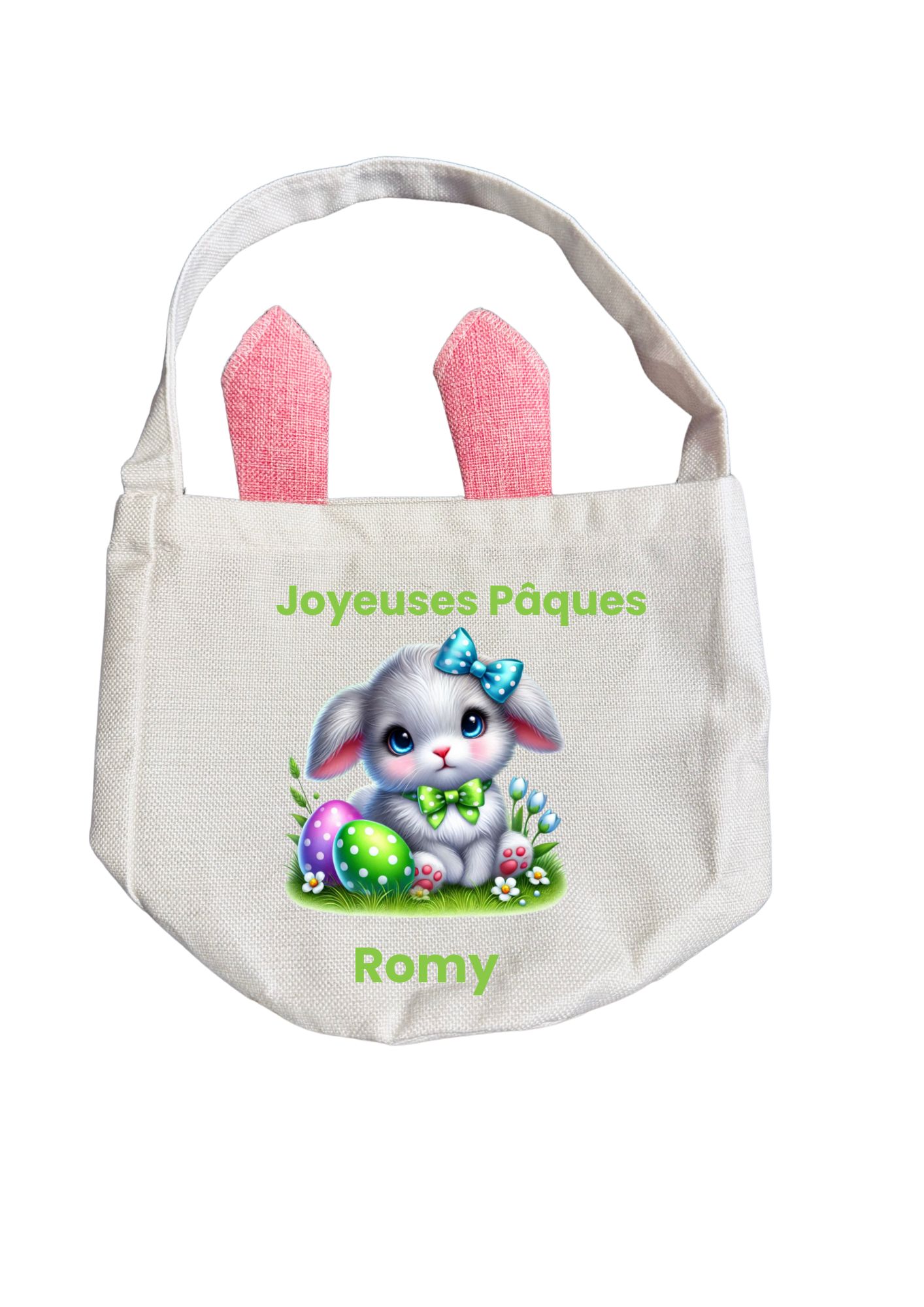 Sac de Pâques avec oreilles de lapin personnalisé + peluche lapin – Sac enfant pour chasse aux œufs – Image 13