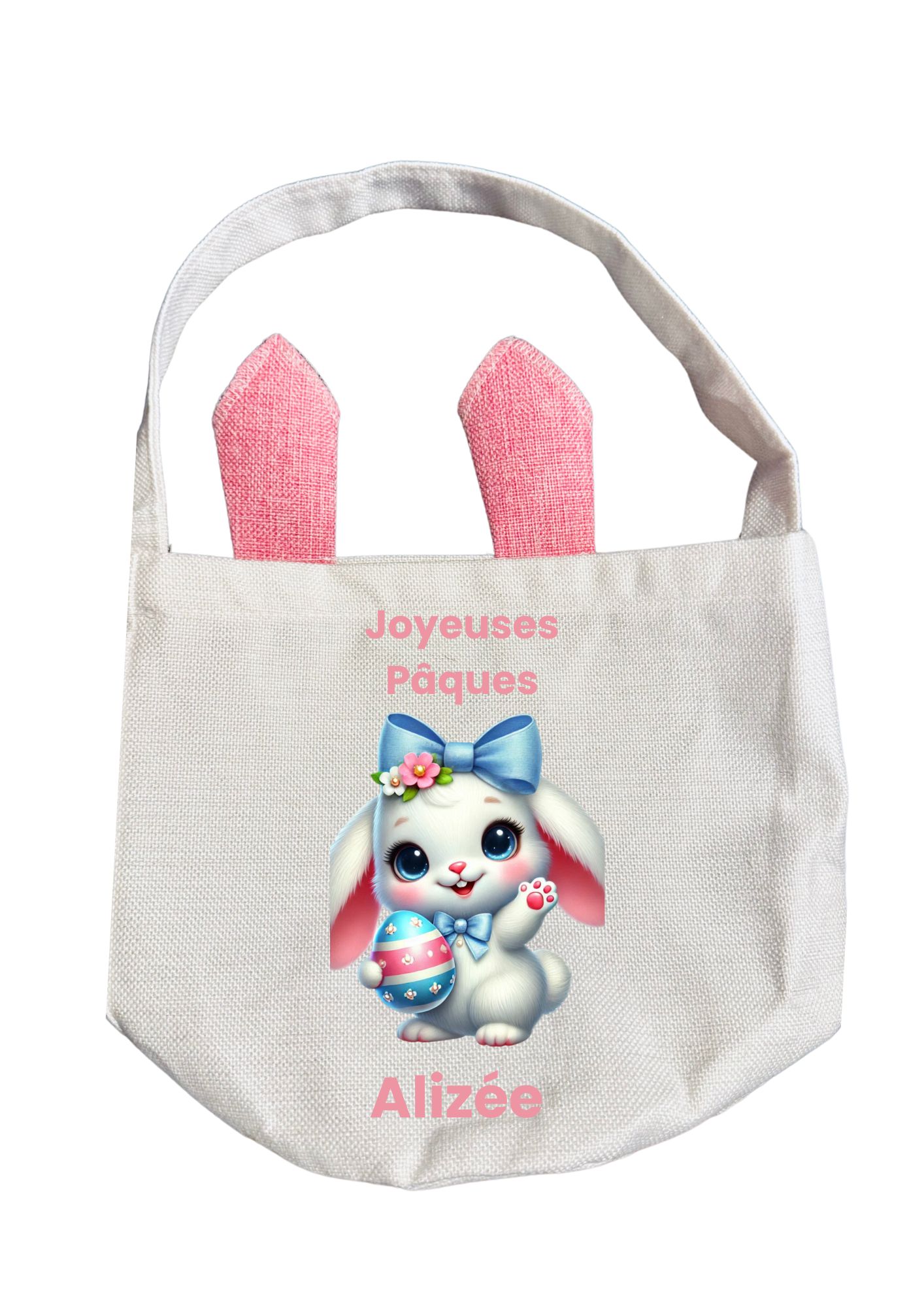 Sac de Pâques avec oreilles de lapin personnalisé + peluche lapin – Sac enfant pour chasse aux œufs – Image 8