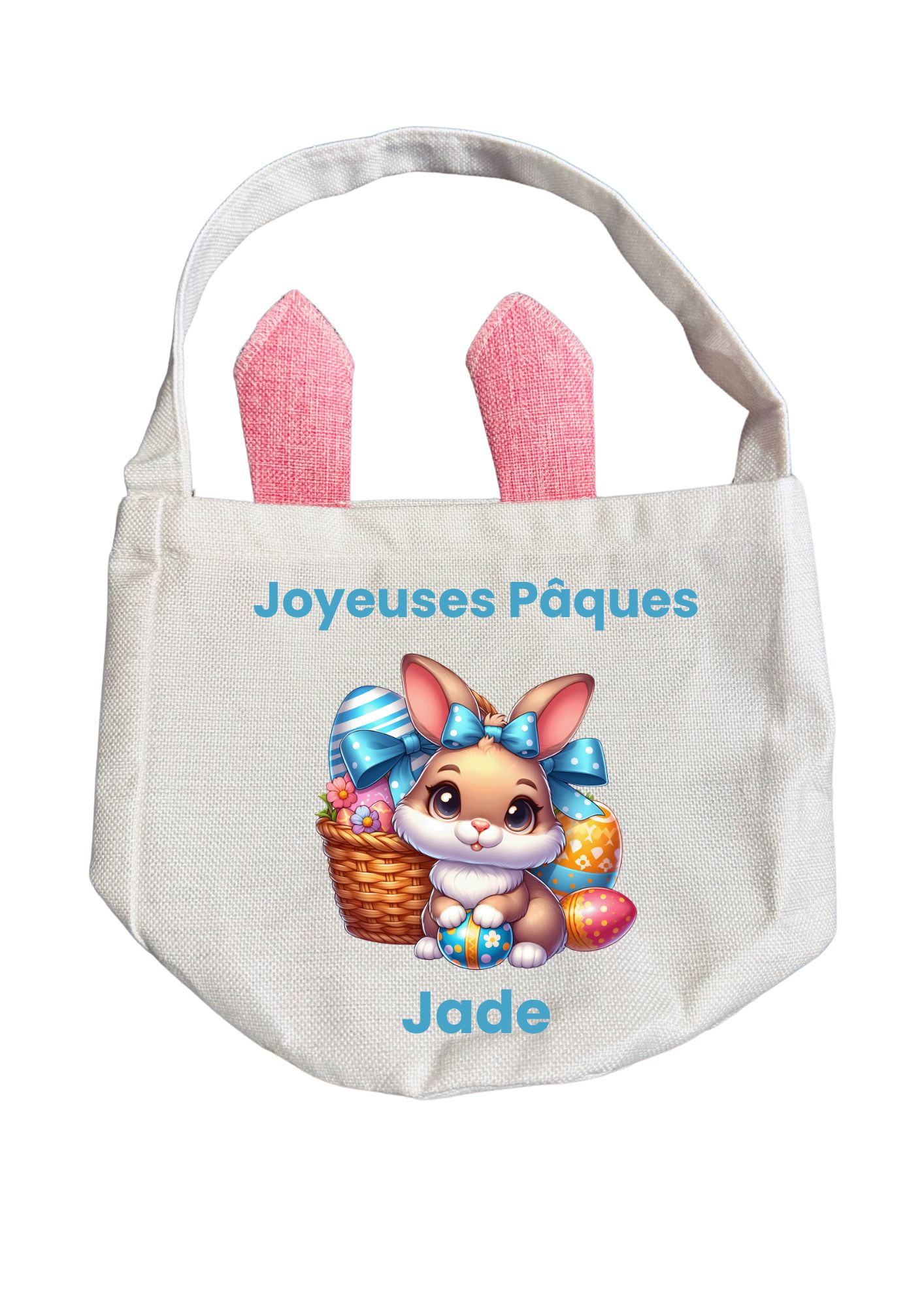 Sac de Pâques avec oreilles de lapin personnalisé + peluche lapin – Sac enfant pour chasse aux œufs – Image 7