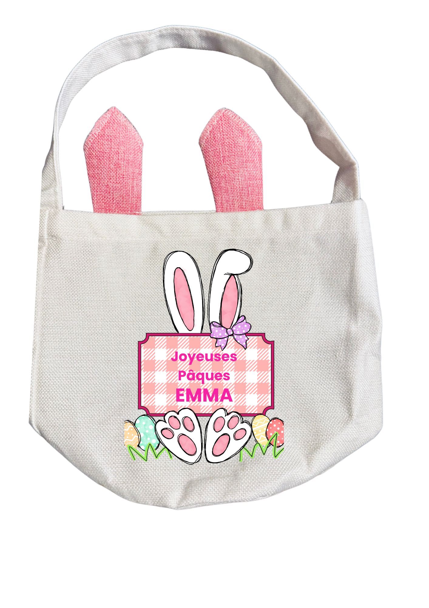 Sac de Pâques avec oreilles de lapin personnalisé + peluche lapin – Sac enfant pour chasse aux œufs – Image 9